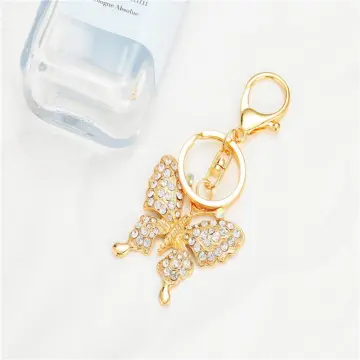 Unisex Fashionable Rhinestone Butterfly Keychain With Leather