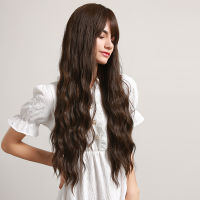 EASIHAIR Long Dark Brown Water Wave Synthetic Wigs for Women Natural Hair Wigs with Said Bangs Daily Wigs Heat Resistant Cosplay