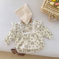 COD DSFERTEREERRE Baby Rompers Newborn Baby Girls Floral Long Sleeve Romper Bodysuit Lace Hat Clothing Set Baju Bayi