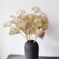 3 Fork Fan Leaf Netting Artificial Gold Ginkgo Eucalyptus Holly Plastic Flowers For Wedding Flower Arrangement Home Decor Crafts