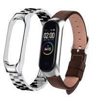 สายหนังสำหรับ Xiaomi Mi แบนด์3 4สายรัดข้อมือสายข้อมือโลหะไร้สกรู MIband สแตนเลสสำหรับ Mi Band 4 3สายรัดข้อมือ