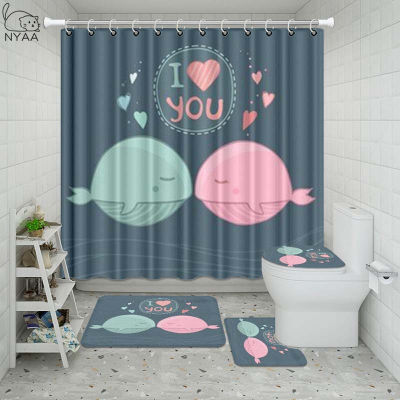 Vixm Cute Whales In Love Bathroom Waterproof Shower Curtain Set Pedestal Rug Lid Carpet Toilet Cover Set Bath Curtain Mat Set