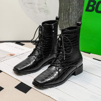 รองเท้าหนังจระเข้ Caohuatang3Thick Sepatu BOOT Pendek ใบใหญ่สำหรับผู้หญิง,Caohuatang3 Sepatu BOOT Pendek ส้นหนาหัวสี่เหลี่ยมรองเท้าบูทยาวปานกลางซิปข้าง2023ฤดูใบไม้ร่วงฤดูหนาว