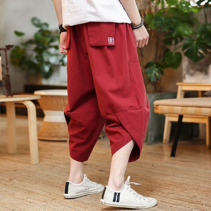 กางเกงฮาเร็มทรงหลวมสไตล์ญี่ปุ่นฤดูร้อนคลาสสิคคร็อปแพนท์ผ้าคอตตอนปักเอวยางยืดวัยรุ่นชาย