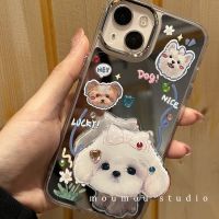 Huiwanju เคสโทรศัพท์มือถือผู้หญิง แบบกระจก กิ๊บติดผม ลายลูกสุนัข สําหรับ ip14 ip13 12promax