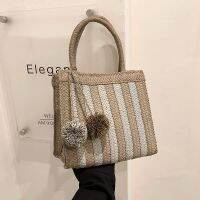 [COD] new ins paper debate hanging ball straw bag striped casual simple portable beach female