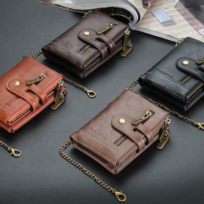 （Layor wallet）กระเป๋าสตางค์ผู้ชายวินเทจ39; S กระเป๋าสตางค์ผู้ชายสั้นหนัง PU มีหลายบัตรกระเป๋าสตางค์ผู้ชายมีซิปกระเป๋ากระเป๋าใส่เงินสายโซ่พับสามทบแบบย้อนยุคใหม่