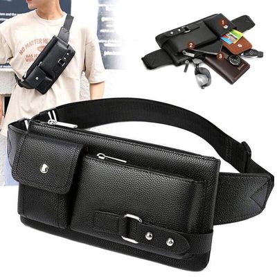 Multilayer Shoulder Bag Waterproof Bag Mens Business Bag Black Waist Bag Outdoor Pocket Bag Mens PU Leather Bag