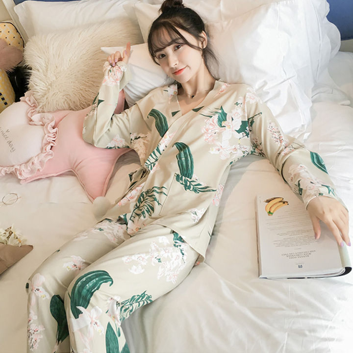 พร้อมส่ง-ชุดนอนผู้หญิงแฟชั่น-ชุดนอนกึ่งเสื้อคลุมแนวญี่ปุ่น-เสื้อผ้าแขนยาวกางกางขายาวลายดอกไม้-แถมผ้าปิดตาm-xxl-d16