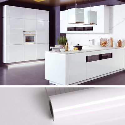 [24 Home Accessories] WOKHOME ฟิล์มวอลล์เปเปอร์ติดด้วยตนเอง PVC เคลือบเงาสีขาวกันน้ำตู้กระดาษสัมผัสเปลือกและติดผนังห้องครัวที่ถอดออกได้