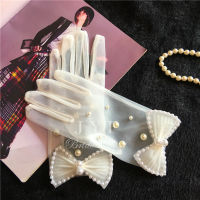 ผู้หญิง Elegant Pearl Beaded Bow ถุงมือตาข่ายสีขาวหญิงเซ็กซี่ครีมกันแดด Performance เต้นรำขับรถถุงมือ R1174