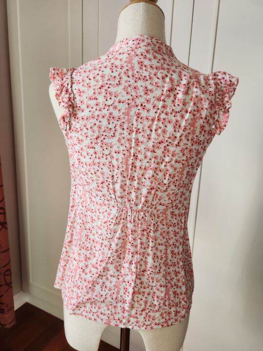 เสื้อ-blouse-แขนกุด-ลายดอก-สีชมพู-คอจีน-มือสอง-มือ-2-ตรุษจีน