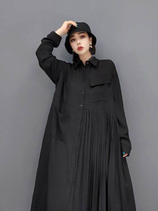 xitao-dress-solid-color-asymmetrical-long-sleeve-pleated-shirt-dress