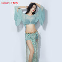 Belly Dance หญิง Elegant Top Practice เสื้อผ้าใหม่สดชื่น Lotus Leaf แขนเลื่อมกระโปรงเสื้อผ้าชุด...