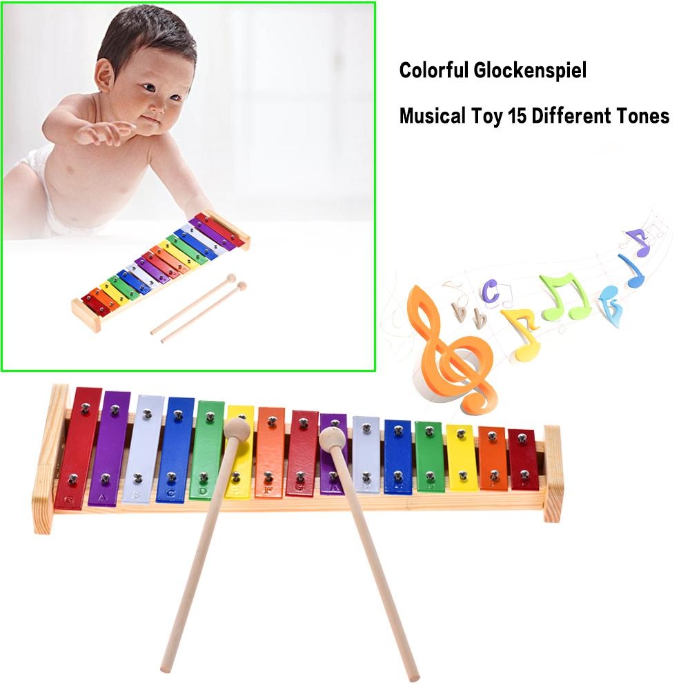 ammoon Colorful Glockenspiel Xylophone Wooden & Aluminum Percussion Musical Instrument Educational Toy 15 Tones with 2 Mallets for Baby Kids Children 