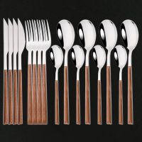 4People Stainless Steel Dishes Tableware Imitation Wood Handle Knife Fork Spoon Flatware Cutlery Dinnerware Travel Kitchen Set Flatware Sets