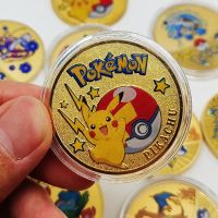 【LZ】❈◊  Ouro pokemon moedas pikachu moedas comemorativas metal pokemon letras ouro metal redondo cartões de prata mewtwo moeda anime brinquedos