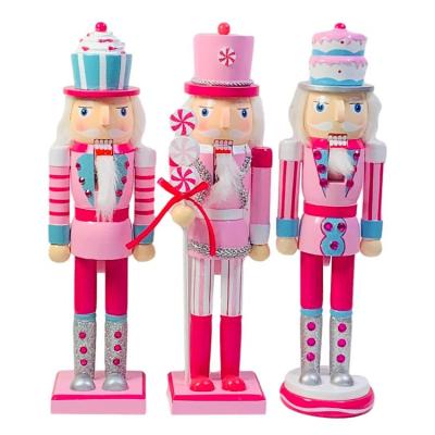 Holiday Christmas Nutcracker Decor Pink Desktop Wood Nutcracker Puppet Toys with Cartoon Hat Standing Nutcracker Statues for Living Room Office Bedroom richly