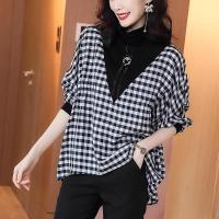 Womens Spring Autumn Style Chiffon Blouses Shirt Womens Half Sleeve Turtleneck Plaid Diamonds Korean Tops DD9007