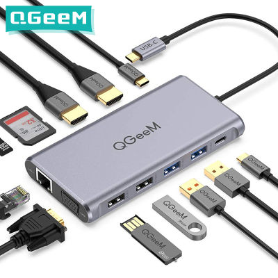 QGeeM USB C Hub for Pro Triple Display Type C Hub to 4K Dual HDMI VGA Micro SD Card Readers RJ45 Aux PD USB Hub Adapter