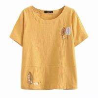 Cotton Linen Embroidery Loose Womens Round Neck T-shirt