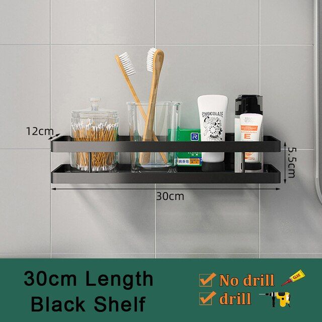 ชั้นวางเก็บของเวลาอาบน้ำเข้ามุมสีดำไม่มีสว่านชั้นวางของในห้องน้ำสีขาวอุปกรณ์จัดระเบียบห้องน้ำ