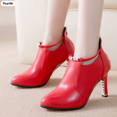 PearlNi รองเท้าบูทหุ้มข้อส้นสูงบางของผู้หญิงไม่ลื่นรองเท้าหนัง PU ของขวัญสำหรับแฟนสาวคนรักผู้หญิง