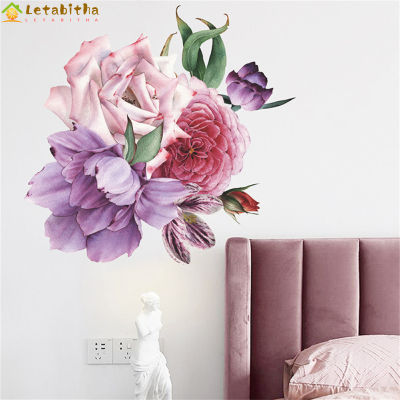 Letabitha กำแพงดอกไม้ดอกโบตั๋นสติกเกอร์ติดผนังการตกแต่งบ้านดอกไม้โรแมนติกสำหรับทางเข้าห้องนั่งเล่นห้องนอน