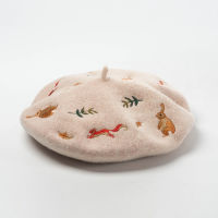 Korean Autumn and Winter New Mori Rabbit Squirrel Leaves Embroidered Wool Wool Beret Artist Hat Wool Hat