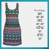 USED Miss Selfridge - Light Blue Tribal Bodycon Dress | เดรสสั้นสีฟ้า สีชมพู เดรสแขนกุด เดรสเข้ารูป ลายกราฟฟิก สายฝอ แท้ มือสอง