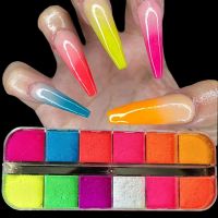 WOOLOVE ผงจุ่มเล็บเรืองแสง12สี,สีอายแชโดว์กลิตเตอร์แวววาวสำหรับตกแต่งเล็บเม็ดสีอะคริลิคฝุ่น