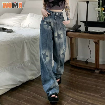 WOMA    กางเกงขาทรงกระบอกกางเกงยีนส์เอวสูงสูงวินเทจ