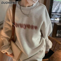 DUOHANZI เสื้อสเวตเตอร์สวมหัวสำหรับผู้หญิง,เสื้อสเวตเตอร์พิมพ์ลายคอกลมสีเทาเสื้อสเวตเตอร์ทรงหลวมไซส์ใหญ่เสื้อลำลองแฟชั่น