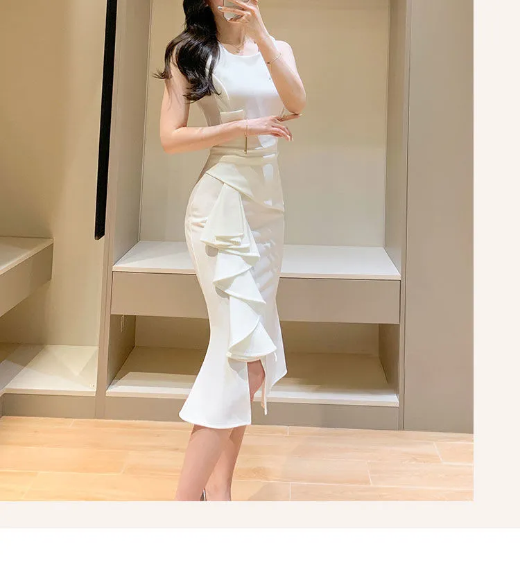 French ruffles folds cover belly slit Slim sleeveless bag hip mid-length  white dress temperament banquet work skirt