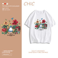 CHIC ผ้าฝ้ายแท้ เสื้อยืดแขนสั้นพิมพ์ลายเจ้าหญิงดอกไม้ สบาย ๆ T0397