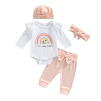 Newborn Baby Girl Romper Set, Round Neck Long Sleeve Rainbow Letter Printed Romper + Pants + Headband + Hat 0-3T  by Hs2023