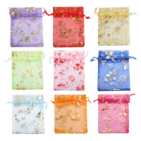 10pcs/20pcs Bauhinia Foil Stamping Organza Gift Bag Gold Color Flower Print Wedding Party Candy Jewelry Packaging Pouches Gift Wrapping  Bags