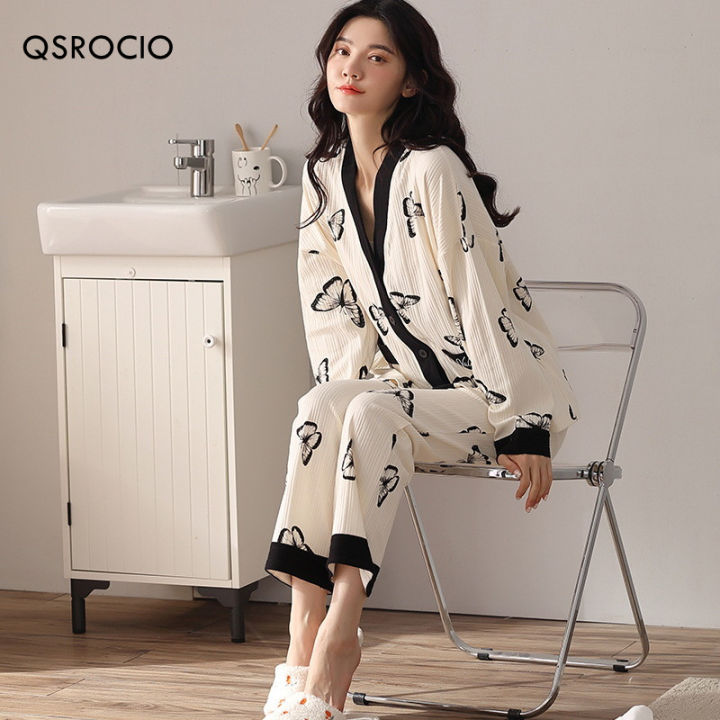 qsrocio-new-autumn-womens-pajamas-set-high-quality-pit-stripes-sleepwear-v-neck-cotton-nightie-homewear-nightwear-pyjamas-femme