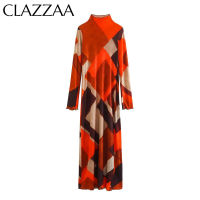 Clazzaa Women Fashion Printed Midi Dress Vintage Half High Collar Long Sleeves Female Chic Lady Dresses