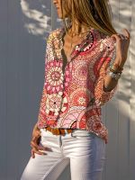 xixibeauty Mandala Floral Print Shirt, Boho Button Front Shirt With A Collar, Womens Clothing