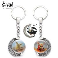 【DT】Archangel St.Michael Moon Keychains Pendant Holder Protect Me Saint Shield Angel Protection 360 Degrees Rotated Keyrings Jewelry hot