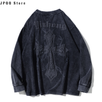 JPQQ Store เสื้อยืดแขนยาวสำหรับผู้ชาย,เสื้อเชิ้ตบริสุทธิ์ผ้าฝ้ายหลวมแนวสตรีทแบบอเมริกันดั้งเดิมเทรนด์สำหรับทั้งหญิงและชาย