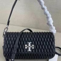 2023 new Tory Burch Kira Soft Leather Slanted Double T Logo Small Pleated Flap Shoulder Bag