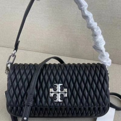 2023 new Tory Burch Kira Soft Leather Slanted Double T Logo Small Pleated Flap Shoulder Bag