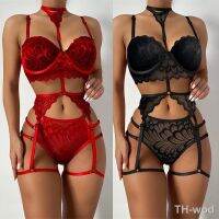 【hot】¤  2022 Three Piece Shapewear Perspective Porn Halterneck Embroidered Push Up Garter Hot Set