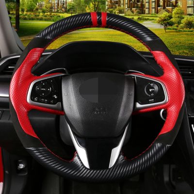 DIY Black Leather Suede Carbon Fiber Car Steering Wheel Cover For Honda Civic 10th Gen 2016 2017 2018