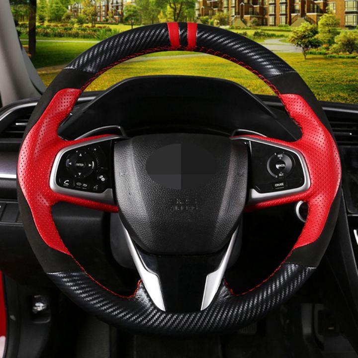 diy-black-leather-suede-carbon-fiber-car-steering-wheel-cover-for-honda-civic-10th-gen-2016-2017-2018