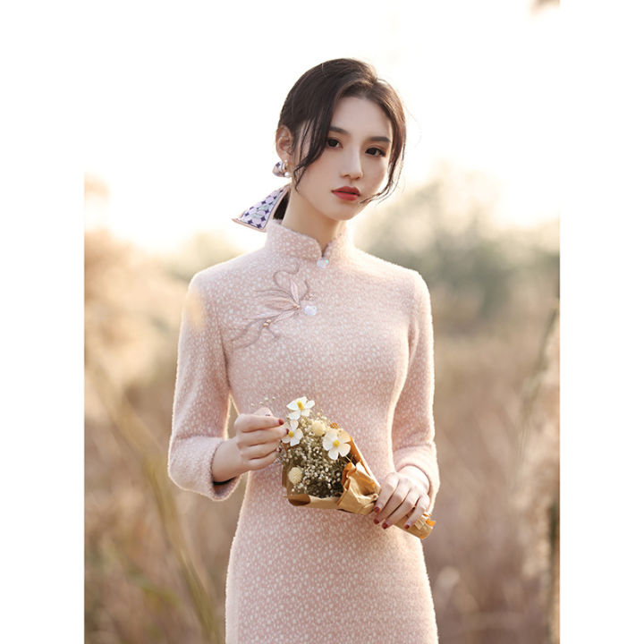 ปรับปรุง-cheongsam-ชุดสตรีหนา2021สีชมพูแขนยาวเด็กสาวลดน้ำหนัก