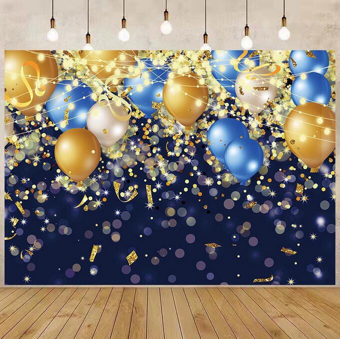 Birthday Gold Balloons Photography Backdrop Blue Gold Birthday Party ...