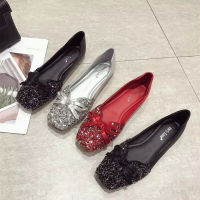 MVVJKEcrystal glitter flat shoes woman spring autumn sweet bowtie wedding shoes bling sequined moccasins women ballet flats plus